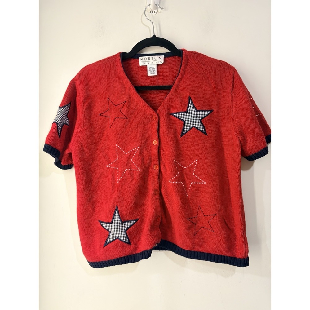 Vintage Norton Studio Red Star‎ Button Cardigan Medium Patriotic Ramie Cotton
